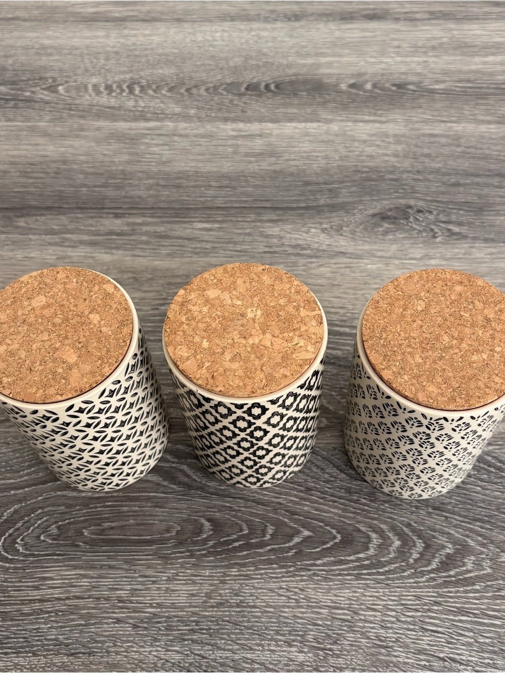 World Market Ceramic Canisters with Cork Lid Black & Cream Pattern Set of 3 - Picture 2 of 6